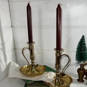 Vintage lacquered large brass chamber candle holders with handles